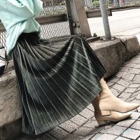 {Summer skirt} กระโปรงอัดจีบสตรี2020ผู้หญิงสีดำกำมะหยี่กระโปรงแม็กซี่ผ้าชิฟฟอนสำหรับฤดูหนาวสีเงินยาว Maxi ปาร์ตี้สบายๆ