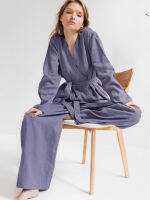 Linad Cotton-Flax Womens Nightgown Solid Color Wide Legs Pants Trouser Suits Long Sleeves Sleepwear Spring Lace Up Loungewear