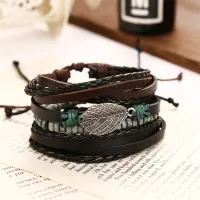 IFMIA Vintage Multiple Layers Leather Bracelet Set For Men Women Charm Leaf Feather Stone Wood Beads Wrap Bracelets Pulseras NEW