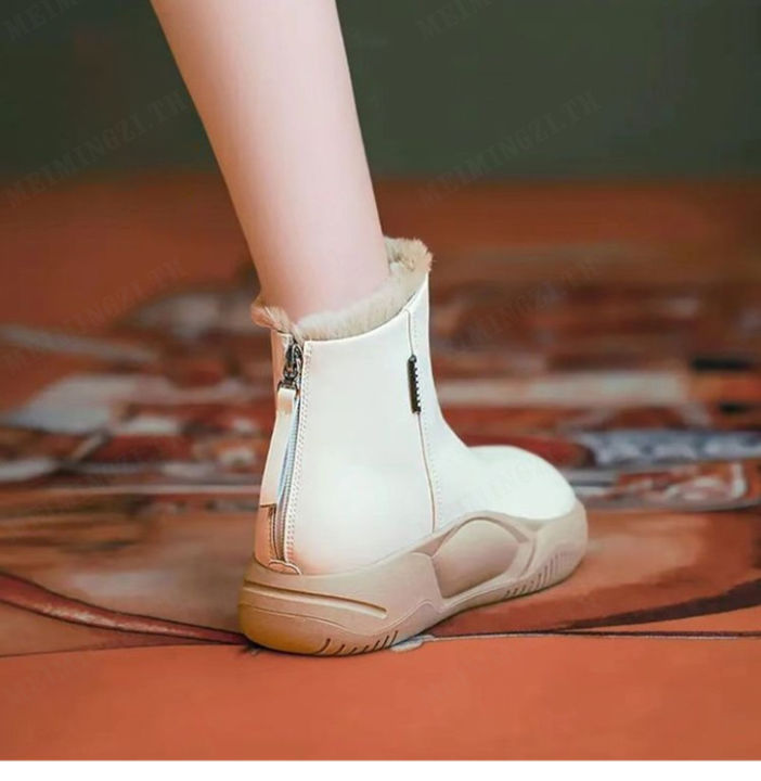 meimingzi-รองเท้าบูทหนังสตรีฤดูหนาวรองเท้าบู๊ตหิมะหนาอบอุ่นด้านล่างรองเท้าผ้าฝ้ายใหม่พร้อมขนแกะ