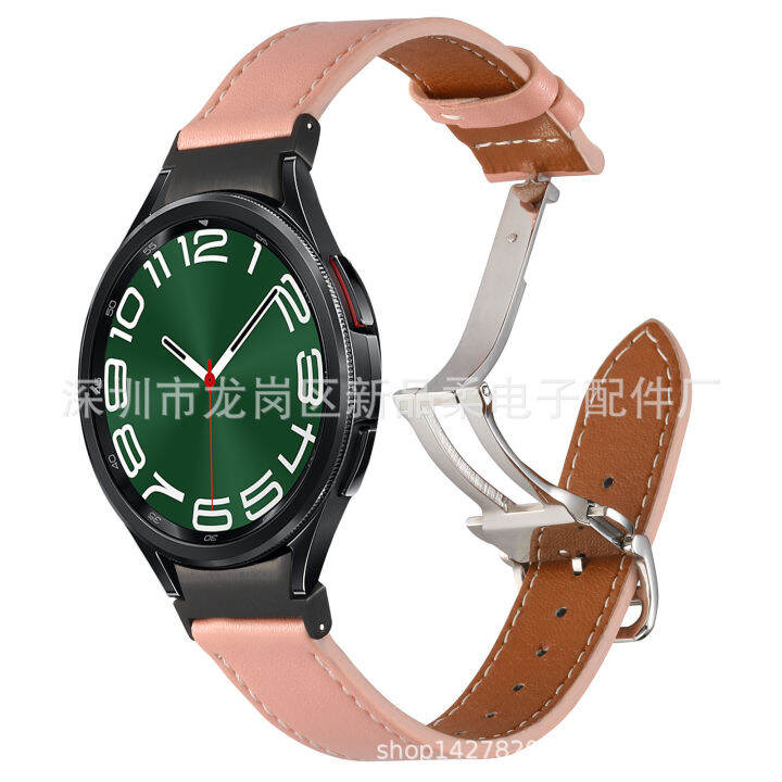 ใช้บังคับ-galaxy-watch6-classic-สายหนังแท้รุ่นใหม่-samsung-6-สายรัดข้อมือหนังชั้นหนึ่งหัวเข็มขัดพับได้