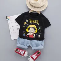 0-5 years old boy clothing handsome cartoon pure cotton short-sleeved T-shirt + fashionable denim shorts 2-piece set [in stock]