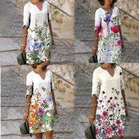 [COD] 2022 summer wish butterfly print rendering V-neck mid-sleeve mid-waist pullover A-line dress