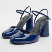 【Available】Spring Womens Shoes ZA Blue Lacquer Leather Effect Round Toe Thick Heel High Heel Baotou Back Hollow Sandals