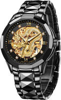 OLEVS Watches for Men Gold Automatic Watches Mens Dragon Skeleton Mechanical Luxury Watch Business Dress with Tungsten Steel Luminous 160FT Waterproof Diamond Fashion Wrist Watch Gold Black