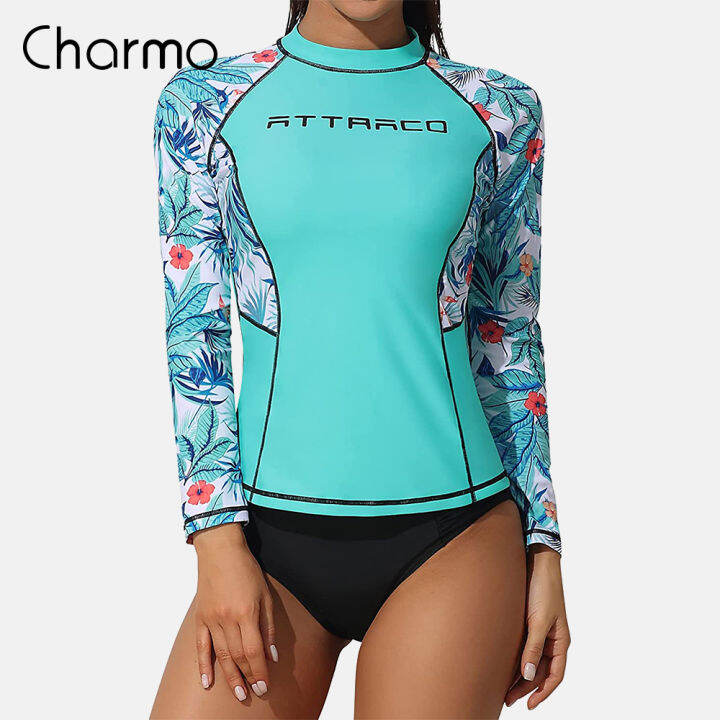 Charmo Women Long Sleeve Rash Guard Shirts Swimwear Rash Guard Top Surf