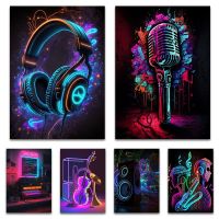 2023 ✽ↂ◊ Framed Drawing Pop 80S Live Music Neon Punk Poster Aesthetics Dj Guitar Karaoke Headphones Canvas Painting Wall Art Home Bar Kaw