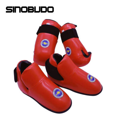 SINOBUDO ITF เทควันโดหนัง PU สีแดงสีฟ้าถุงมือเท้ายามศิลปะการต่อสู้คาราเต้การฝึกอบรมข้อเท้ามือสูทอุปกรณ์ป้องกัน