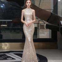 COD DSFGERTGYERE New Banquet Evening Dress Skirt Female Temperament Ladies Shoulder Fringed Golden Fishtail Presided Over Long