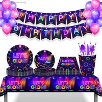 ❄ Adults Glow Disco Music Pub Dance Birthday Party Disposable Tableware Sets Tablecloths Balloons Musical Baby Shower Party Favors