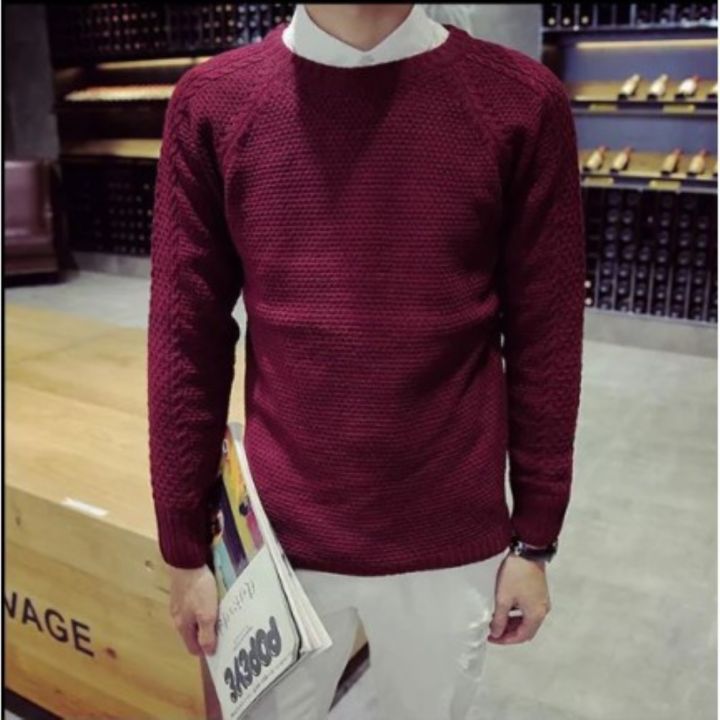 codtheresa-finger-men-long-sleeved-slim-round-neck-tide-solid-color-pullover-sweater-top-blouse