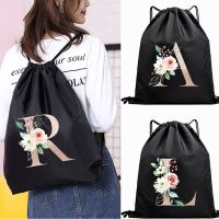 Waterproof Drawstring Bag Gym Pouch Gold Letter Print Backpack Fashion Custom School Shoe Bag for Girl Women Portable Shopping