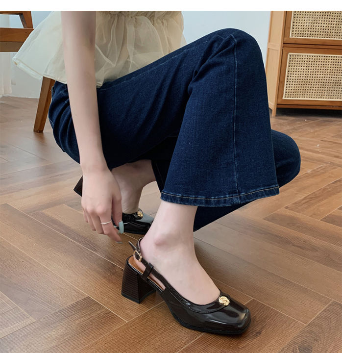 ส้นสูงแบบฝรั่งเศสใหม่สำหรับฤดูร้อนรองเท้าแตะ-baotou-หวานและหลากหลายส้นหนาเรียบง่ายรองเท้าผู้หญิงแบบย้อนยุคอ่อนโยน