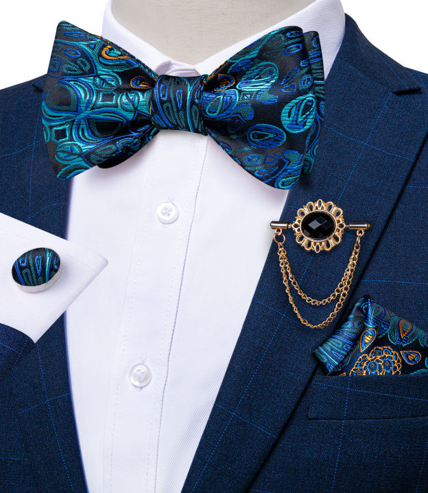 การออกแบบใหม่ธุรกิจงานแต่งงาน-bowtie-ผู้ชาย-blue-paisley-ผ้าไหม-bow-tie-pocket-square-เข็มกลัด-pin-ชุดผีเสื้อ-tie-dibangu