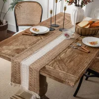 Linen Cotton Stitching Table Runner Dinning Table Decoration Two-color Woven Tassel Natural Material Wedding Decor Table Runners
