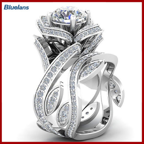 bluelans-แหวนสวมข้อนิ้วสำหรับเจ้าสาวงานแต่งงานเพทายที่เป็นประกายใสตัดลายใบไม้ทรงกลมลายดอกไม้สำหรับผู้หญิง