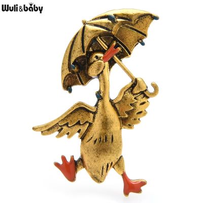 Wuli&amp;baby Vintage Taking Umbrella Duck Brooches For Women Unisex 2-color Happy Walking Duck Animal Party Casual Brooch Pin Gifts