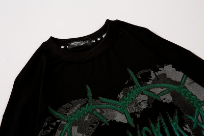 HOUZHOU Gothic Punk Green Print Long Sleeve T-shirts Women Grunge Oversize Harajuku Streetwear Print O-neck Black Top Pullover