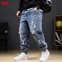 【CW】Large size jeans autumn winter section jeans men stretch elastic men high waist plus size hole trousers 8XL 7XL ripped jeans