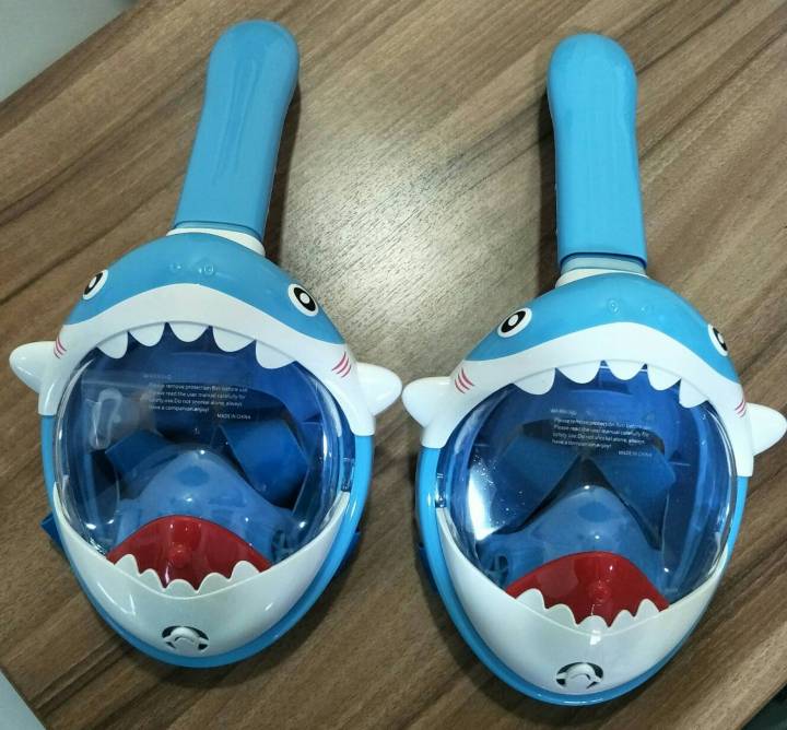 หน้ากากดำน้ำแบบเต็มหน้าเด็กไซส์-xs-หน้าปลาฉลาม-สีฟ้า-สำหรับเด็ก-เด็กใส่ดำน้ำ-full-face