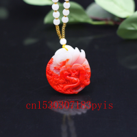 ธรรมชาติสีแดงสีขาวหยกเก้าหางสุนัขจิ้งจอกจี้สร้อยคอ Jadeite มือแกะสลักแฟชั่นเสน่ห์เครื่องประดับพระเครื่องของขวัญสำหรับผู้ชายผู้หญิง