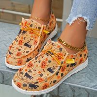 onlcicn Womens Pumpkin &amp; Cat Print Canvas Shoes, Casual Lace Up Outdoor Shoes, Lightweight Low Top Halloween Shoes