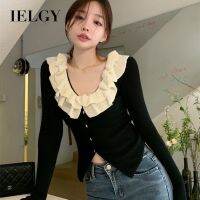 IELGY เสื้อคาร์ดิแกนแบบถักผู้หญิงฝรั่งเศสแต่งระบาย,สง่างามเหมาะกับทุกชุด