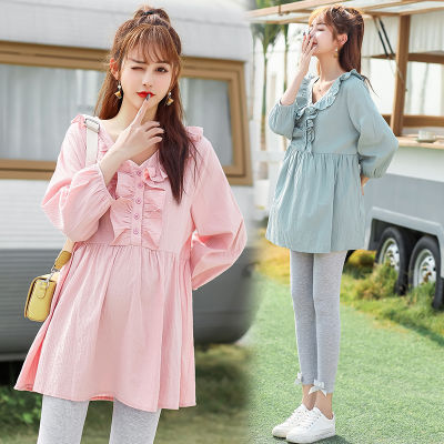 8088# Autumn Korean Fashion Cotton Maternity Blouses Sweet Cute Shirts Clothes for Pregnant Women Long Sleeve Pregnancy Top