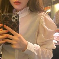 Korobov Women Sweet White Blouses Korean Ruffles Stand Collar Elegant Shirts 2021 New Single Breasted Crop Blusas Mujer