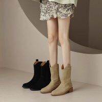 Caohuatang3Western รองเท้าบูทคาวบอยหนังนิ่มสีประกายหิมะ,รองเท้าบูทผู้หญิง Sepatu BOOT Pendek สไตล์อังกฤษคอวี Bootscaohuatang3มาร์ติน