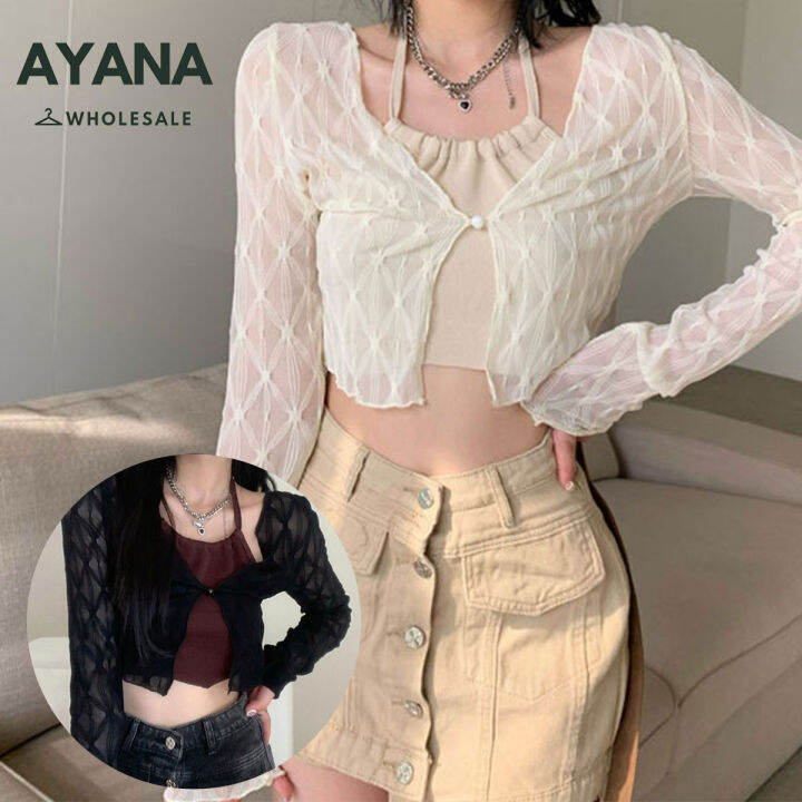 พร้อมส่ง-เสื้อครอปซีทรูเเขนยาวเเบบบาง-สไตลืเซ็กซี่-สีพื้นๆ-สำหรับผู้หญิง
