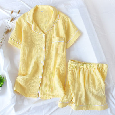 Japanese-style new summer ladies cotton double-layer crepe gauze short-sleeved shorts pajamas suit large size home service women