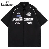 Lansboter แฟชั่นของผู้ชายเสื้อปักลายลำลองแขนสั้นแบบหลวมเสื้อคอปก