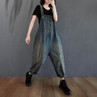 6443 Denim Jumpsuits For Women Preppy Style Fashion Chic Vintage Blue Strap Rompers Back Pocket Bleached Wide Leg Cotton Overall