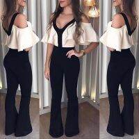 Honnyzia Shop Women Hot Sell New Fashion Jumpsuits Casual V Neck Off Shoulder Short Sleeve Slim Fit Jumpsuits For Women Patchwork Jumpsuits