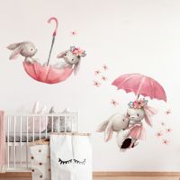 Cartoon Pink Umbrella Butterfly Bunny in Love Wall Stickers for Kids Room Baby Nursery Wall Decals for Girl Room Baby Shower PVC