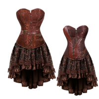 Gothic Corset Dress Steampunk Vintage Leather Corset Bustier Top With Sexy Floral Skirt Set Halloween Pirate Costume