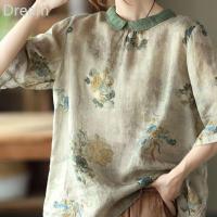 Large size loose artistic retro elegant printed cotton and linen shirt female artistic Peter lapel loose pullover shirt female V729