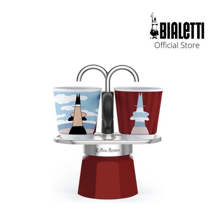 Bialetti Mini Express Moka Pot and 2 pcs Espresso Cups Magrite RED
