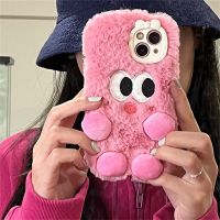 Korean Cute Fuzzy Plush Big Eyes Pink Phone Case For iPhone 14 13 12 11 Pro Max 3D Bow Lens Protective Winter Soft Cover Funda