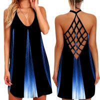 ☄ Summer Criss Cross Strap Dress Gradient Backless Casual Evening Party Sexy Women 39;s Sleeveless Mini Dress Beach Sundress Vestido