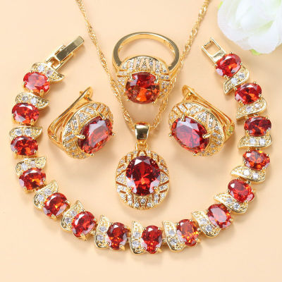 Dubai Jewelry Sets Red Garnet Bridal Wedding Fashion Costume Clip Earrings Necklace And Bracelet Gold-Color Women Sets