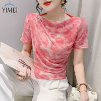 YIMEI เสื้อยืดผู้หญิงสวยๆสำหรับฤดูร้อน2023มาใหม่,เสื้อตาข่ายพิมพ์ลายคอกลมแขนสั้นมีจีบเสื้อยืดเข้ารูปพอดีและพื้นเข้ารูปของผู้หญิง