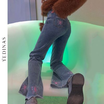 2021Yedians Butterfly Embroidery Flare Denim Pants Women High Waist Vintage Jeans Korean Fashion Clothes Female Bell Bottom Jeans