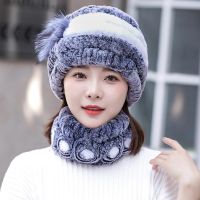 {Hat Shop} หมวกขนกระต่ายขนเซ็ตหมวกผ้าพันคอจิ้งจอกถักเนื้อหนาผู้หญิงฤดูหนาวอบอุ่นดอกไม้ขนสัตว์ใหม่2023