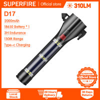 SUPERFIRE ไฟฉาย Usb ชาร์จไฟแบบซูมได้ไฟฉาย LED ค้อนทุบกระจกรถ D17กันน้ำใช้ในกรณีฉุกเฉินใช้ตั้งแคมป์