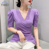 ☋✠ YIMEI เสื้อยืดผู้หญิงสวยๆสำหรับฤดูร้อน2023แฟชั่นใหม่อุตสาหกรรมหนักเพชรร้อนแรงเสื้อสายไขว้ของผู้หญิงเสื้อสีม่วงบาง