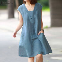 MOMONACO ZANZEA ชุดเดรสสตรีวินเทจทรงหลวมหมวกแขนเสื้อลำลอง Preppy Sundress สีทึบมีกระเป๋า #8