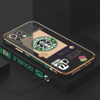 เคสเคสมือถือสำหรับ Xiaomi Mi 11 Lite 4G 5G Ne พร้อมฟรีสายคล้อง + โลโก้ Starbucks ขอบสี่เหลี่ยมชุบเคลือบฝาหลังนิ่ม