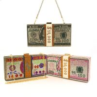 【YD】 Money Clutch Rhinestone Purse 10000 Dollars Stack of Cash Evening Handbags Shoulder Wedding Dinner